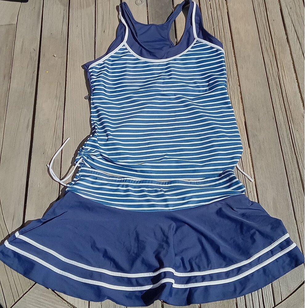 Tankini Two Piece Tummy Control Bathing Suit with Skirt striped Swimdress XL